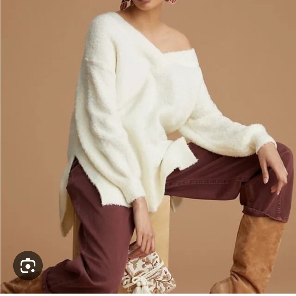 Anthropologie pilcro teddy tunic oversized v neck cream sweater